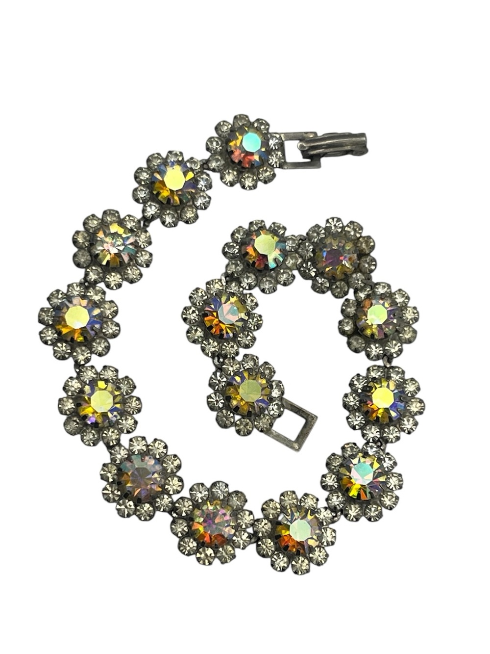 Aurora borealis flower halo rhinestone vintage chain bracelet